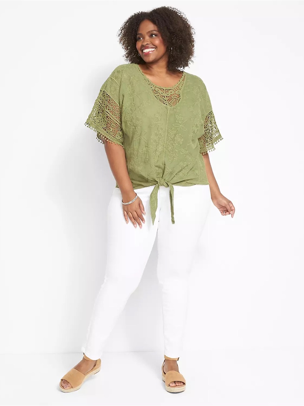 Plus Size 26 28 Crochet Olive Green Tie Top Cotton Casual Lane Bryant New NWT - Picture 2 of 10